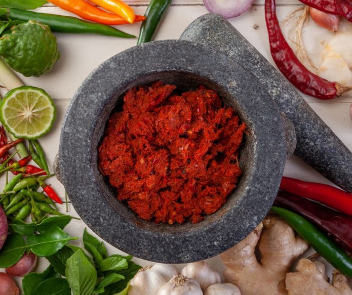 Thai red curry paste in mortar surrounding by Thai curry ingredients