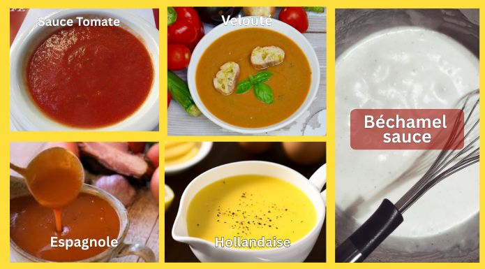 The Five French Mother sauces: Béchamel, Velouté, Espagnole, and Hollandaise.