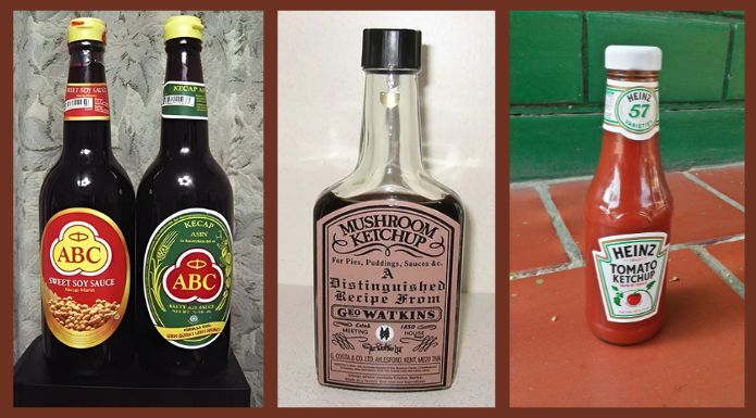 Detailed historical visual of the origin of ketchup, showing the evolution from Asian fish sauces to mushroom ketchup and Heinz.