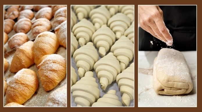 Comparison of fresh baked croissants, unbaked proofed dough, and the technical lamination process of layering butter and dough.
