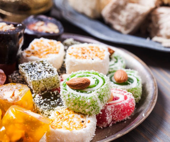 turkish delight varieties on metal plate