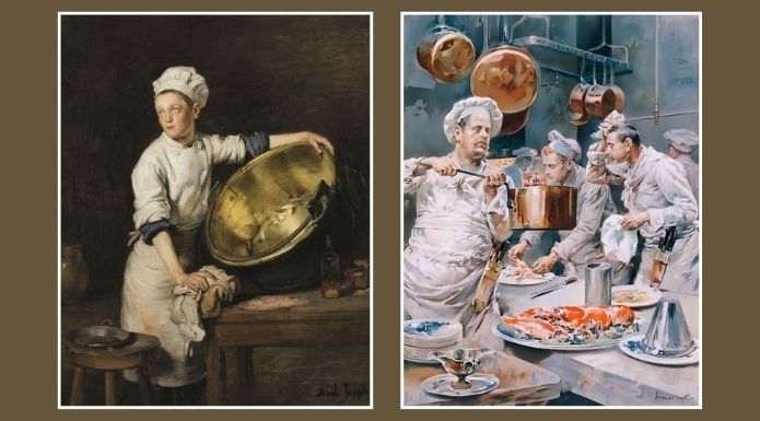 French Cook and Chefs paintings to  illustrate origins of culinary and cuisine explanation. 
