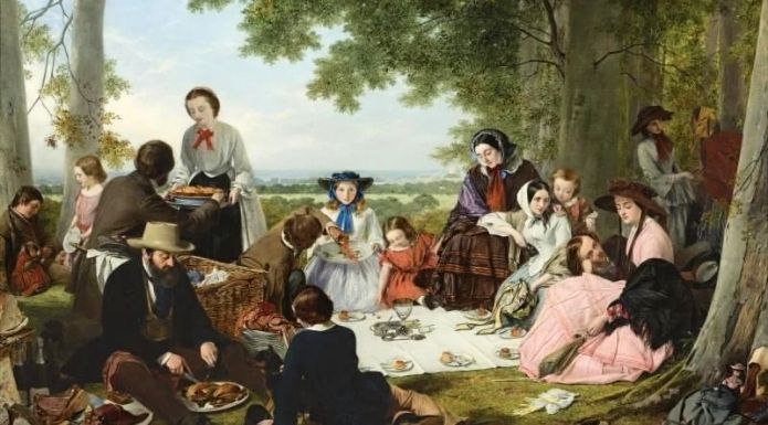 1856 painting The Picnic by Henry Nelson O'Neil illustrating historical picnic etymology.