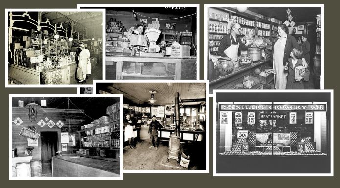 Various historic images showing early grocers and interiors of grocery stores in America