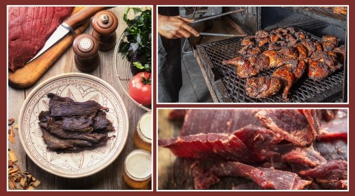 Photo of beef jerky and Jamaican jerk chicken illustrating the origin of beef jerky from the Quechua word charqui.