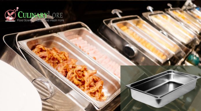 Example of hotel pan use in breakfast buffet and isolated hotel pan example. 