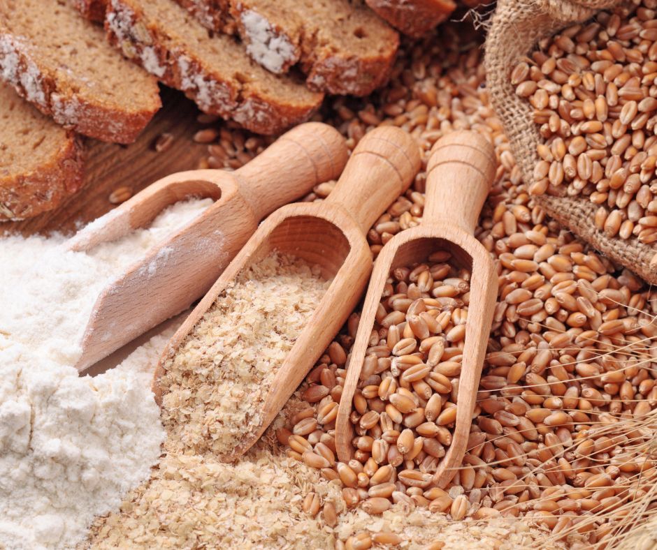 wheat grains, bran and flour