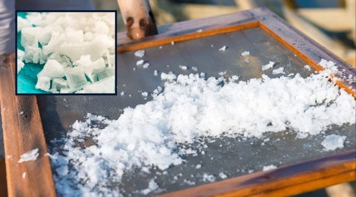 Fleur de sel harvesting and close view of the salt grains. 