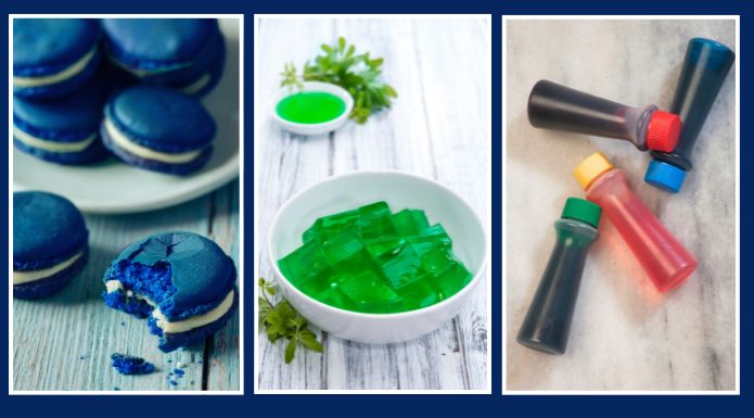 Foods with food coloring: Blue Macaroons and Green Jello and small bottles of food coloring