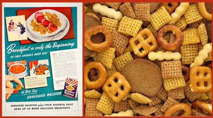 Early Shredded Ralston ad and Chex Mix snack close up
