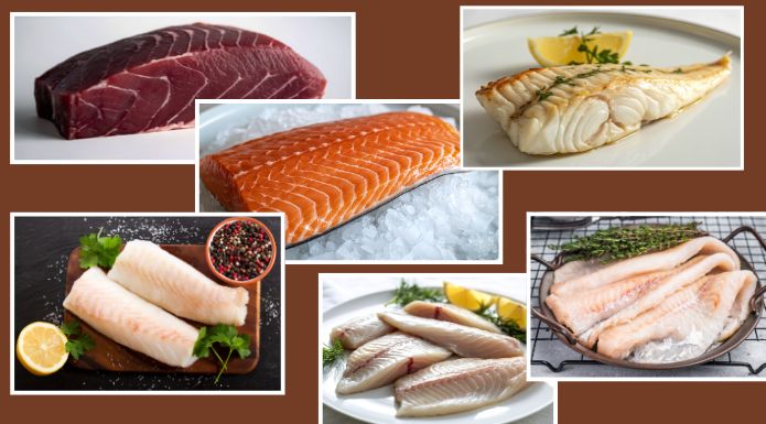 A comparison of different fish textures showing how myotomes create a flaky appearance in cooked fish flesh.