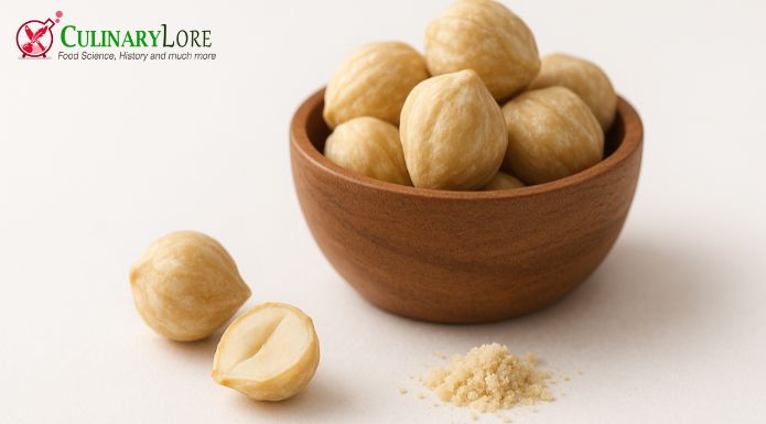 Candlenuts, whole, halved, and ground.