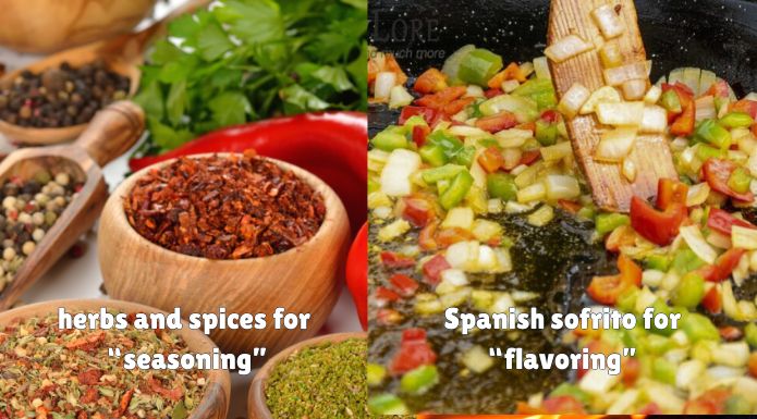 constasting seasonings vs. flavorings, image showing herbs and spices used for seasoning, and Spanish sofrito used for flavoring