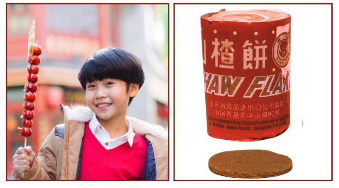 Haw flakes candies and Chinese boy holding candied haw fruits.