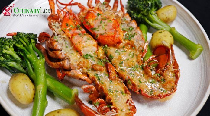 Maine Lobster Thermidor dish with broccoli and baby potatoes