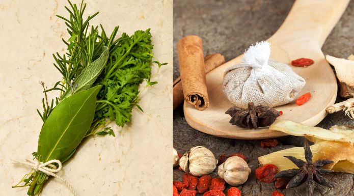 A side-by-side comparison of a traditional French bouquet garni bundle tied with twine and a Chinese spice sachet containing loose aromatics for slow-cooking.