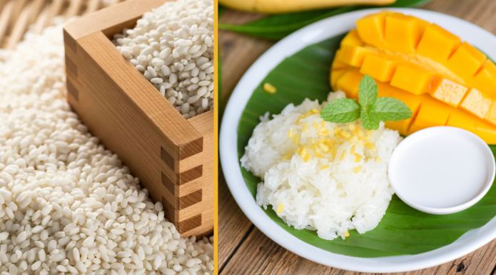 uncooked Glutinous rice, aka sticky rice with Thai Sticky Rice and Mango dish