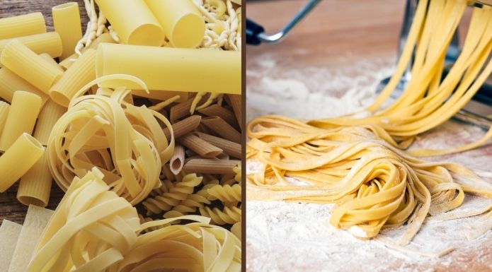 Comparing fresh vs. dry pasta shapes and textures.