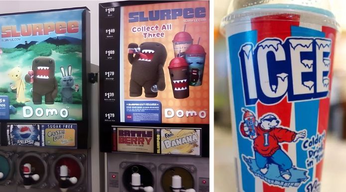 Side by side image of a Slurpee machine at 7-Eleven and and ICEE frozen drink to answer the question of Slurpee vs. ICEE.