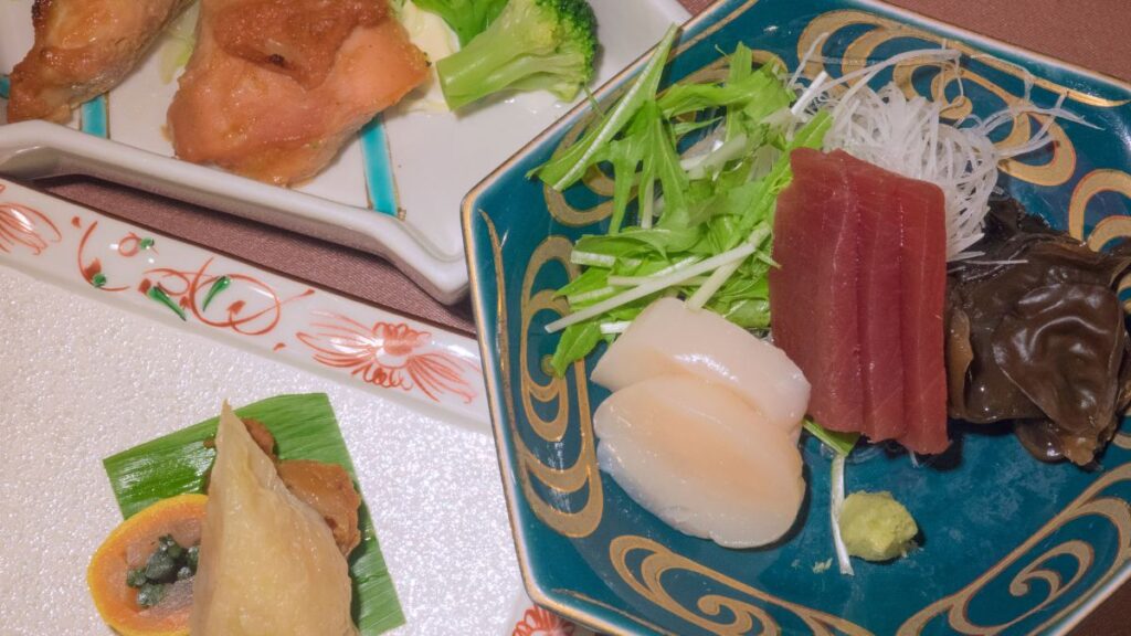 Japanese chicken sashimi, tuna fish, and fried chicken