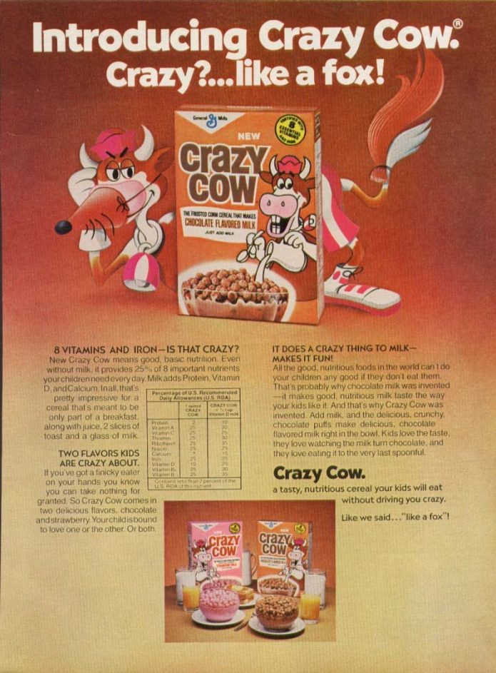 Vintage 1977 Crazy Cow Cereal Ad