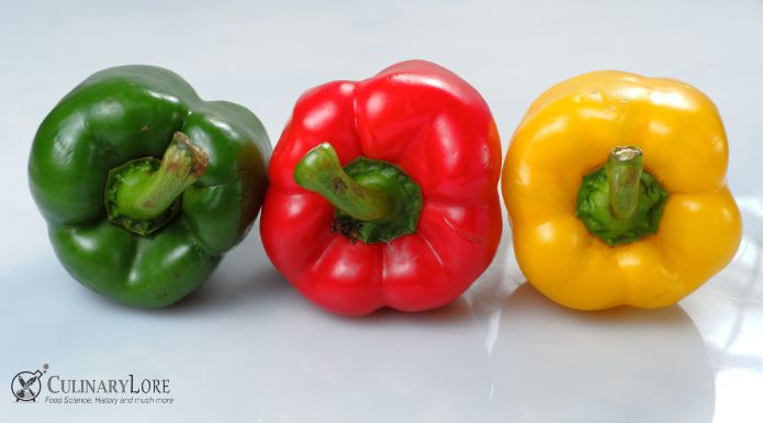 Green, yellow, and red bell peppers with 3 lobes and 4 lobes, to adress the urban legend of of bell pepper gender.