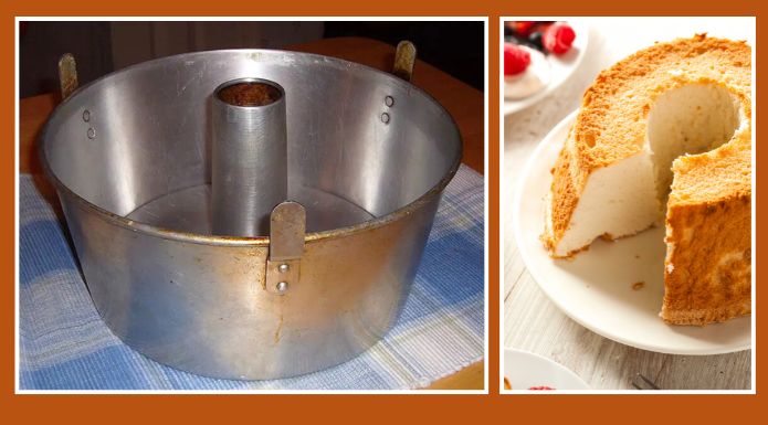 Tube pan and angel food cake made in a tube pan.