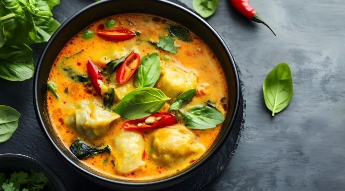 A bowl of spicy Thai curry soup, illustrating the type of dish that triggers a thermoregulation response and makes you feel warm. 