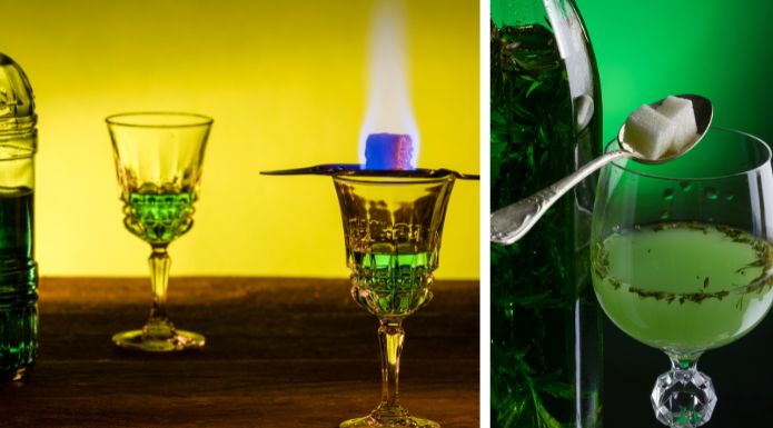 Side-by-side comparison of absinthe preparation: a traditional water drip with sugar spoon on the right and a flaming sugar cube on the left