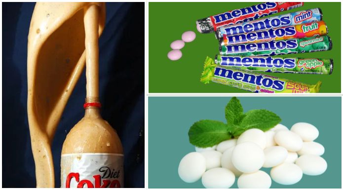 Diet coke geyser and mentos candies, showing reaction of Coca-Cola with mentos candy