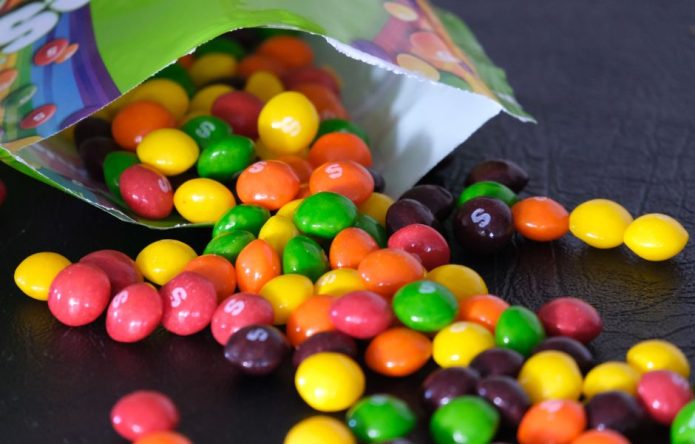 Skittles candy spilled from package