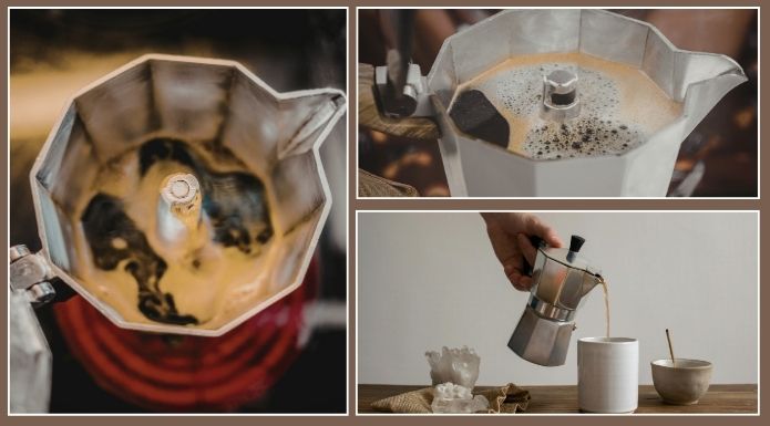 A grid of three images showing a Moka pot in use: two top-down views of rich, concentrated coffee filling the upper chamber and one view of a hand pouring the finished brew into a cup.