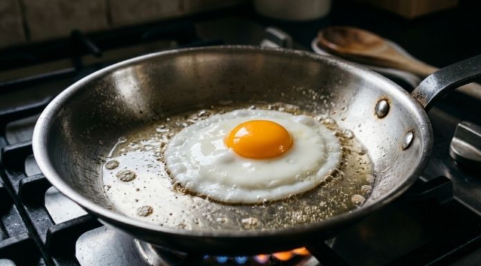 Egg frying in stainless steel pan.