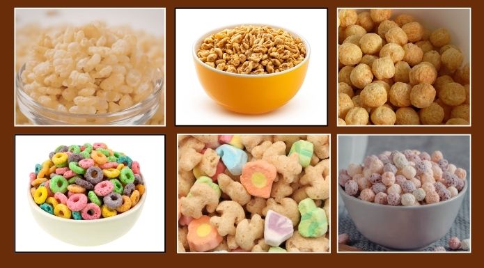 Various puffed breakfast cereals.