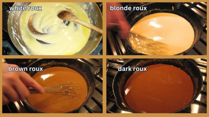 different stages of roux cooking with colors from blond to brown to dark