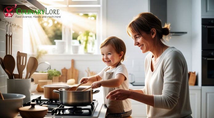 Child learning to cook at the stove with mother