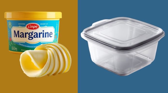 A side-by-side comparison of a yellow margarine tub and a clear plastic storage container, illustrating the difference between the physical property of plasticity and chemical composition.