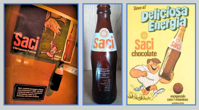 Vintage advertisements for Coca-Cola's Saci chocolate drink (1960s) and Saci bottle. 