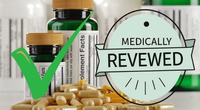 A dietary supplement bottle showing the Nutrition Facts label with a "Medically Reviewed" badge and a green checkmark overlaid, symbolizing misleading trust signals in supplement marketing.
