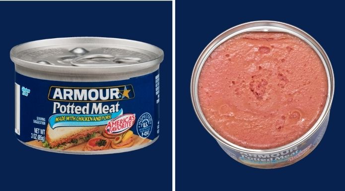 Side by side image of Armour Potted Meat showing can label on left and open can showing the product in side on the right. 