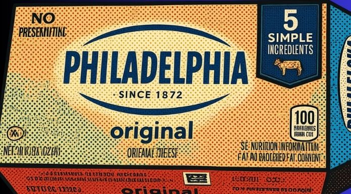 A retro pop art illustration of a classic Philadelphia Cream Cheese box, featuring the iconic blue oval logo and vintage comic-book halftone dots.