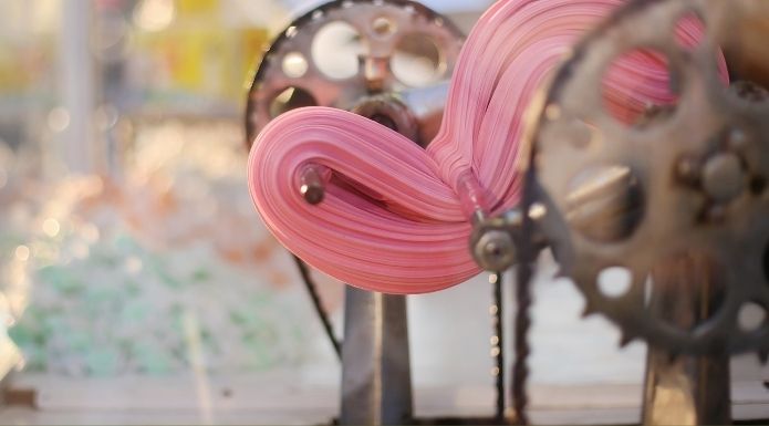 Pink salt water taffy being pulled on taffy pulling machine. 