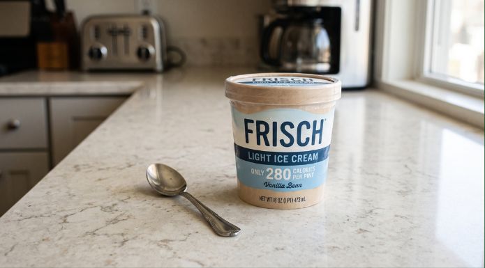 A conceptual image of a fictional paperboard pint of "Frisch Light Ice Cream" sitting on a stone kitchen counter. The fictional tub has a security lid and is labeled in bold, blue text "FRISCH LIGHT ICE CREAM," with smaller text indicating "ONLY 280 CALORIES." Natural daylight from an unseen window highlights the matte finish of the hypothetical carton. This is a conceptual rendering designed to illustrate an unappetizing, hypothetical name, not a real product.